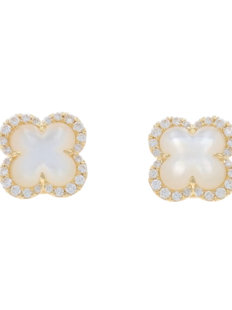Yellow Gold Mother Of Pearl Diamond Quatrefoil Stud Earrings 14k 22ctw Pierced